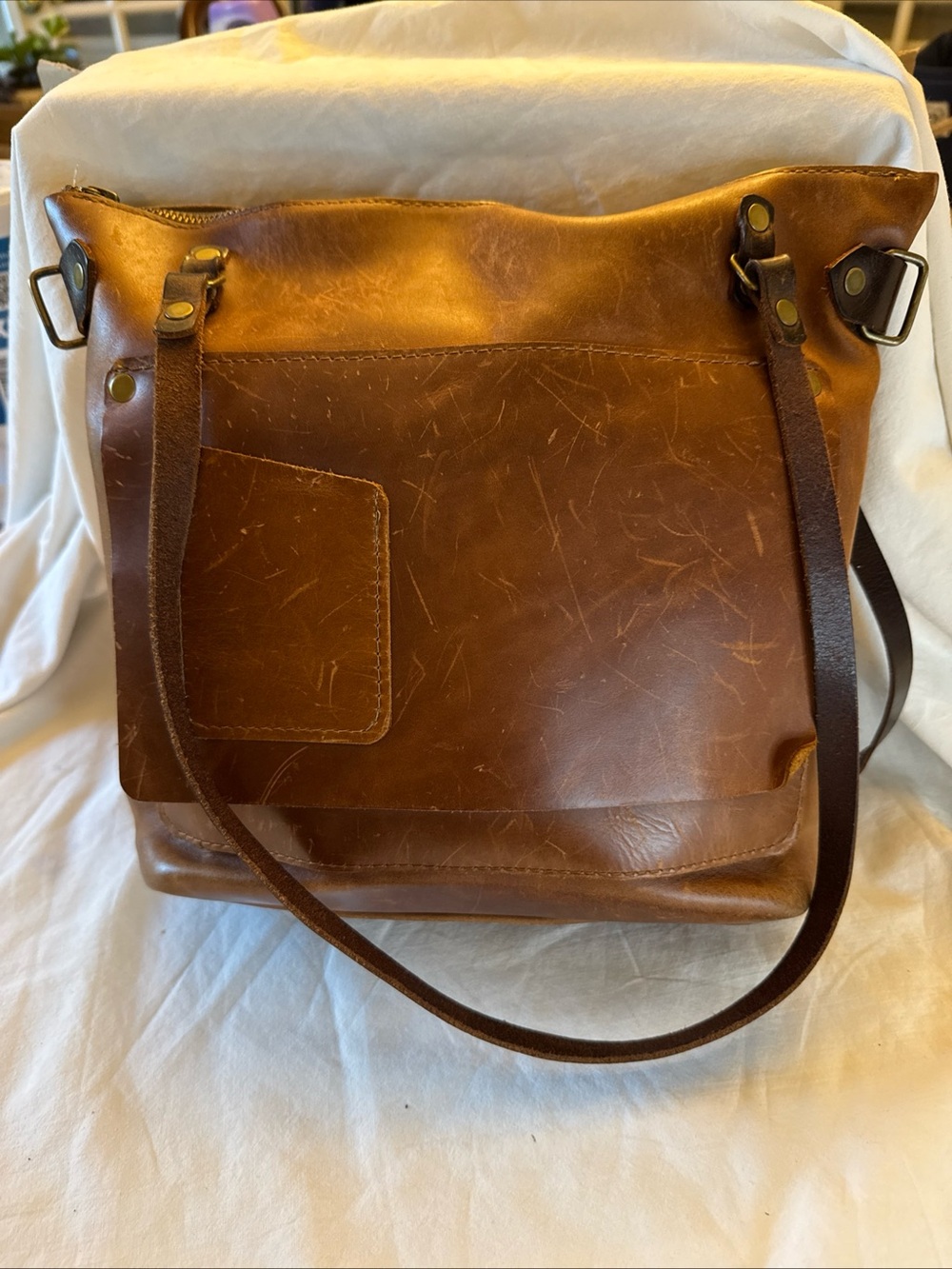 IN BLUE Handmade Brown Leather Tote Bag Shoulder Bag Distressed Pockets